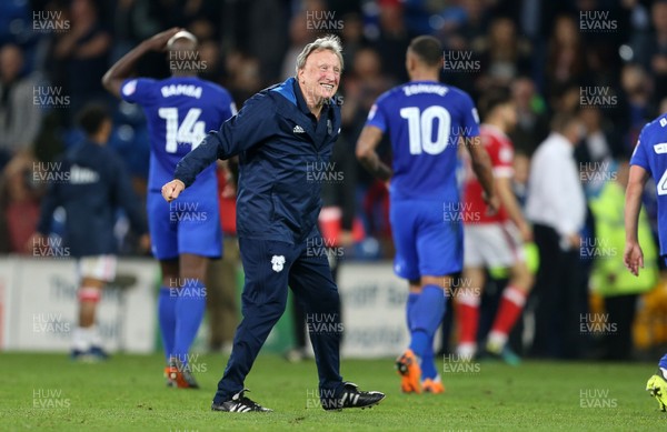 210418 - Cardiff City v Nottingham Forest - SkyBet Championship - Cardiff Manager Neil Warnock celebrates with fans at full time
