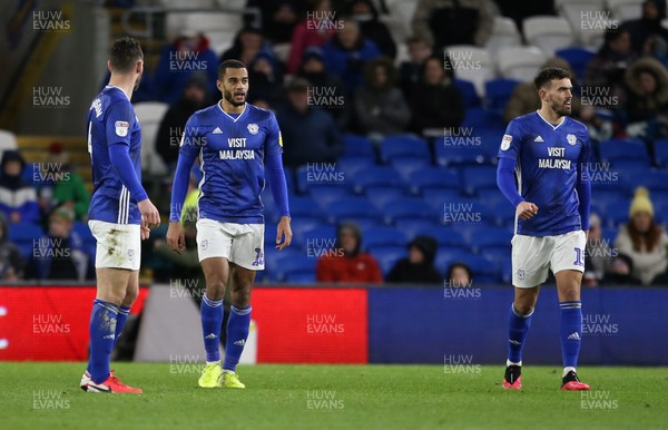 250220 - Cardiff City v Nottingham Forest - SkyBet Championship - Curtis Nelson and Marlon Pack of Cardiff City dejected after Forest score a goal