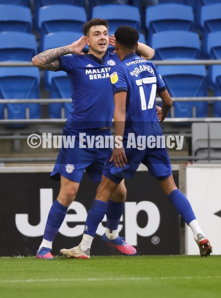 300122 - Cardiff City v Nottingham Forest, Sky Bet Championship - Jordan Hugill of Cardiff City celebrates with Cody Drameh of Cardiff City after he scores the opening goal