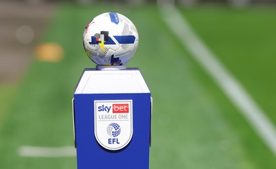 020825 - Cardiff City v Peterborough United, EFL Sky Bet League 1 - The match ball stands on an EFL League One plinth