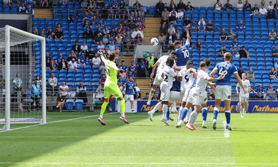 020825 - Cardiff City v Peterborough United, EFL Sky Bet League 1 - Rubin Colwill of Cardiff City heads at goal