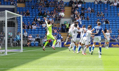 020825 - Cardiff City v Peterborough United, EFL Sky Bet League 1 - Rubin Colwill of Cardiff City heads at goal