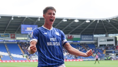 020825 - Cardiff City v Peterborough United, EFL Sky Bet League 1 -  Rubin Colwill of Cardiff City celebrates after scoring goal