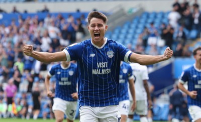 020825 - Cardiff City v Peterborough United, EFL Sky Bet League 1 -  Rubin Colwill of Cardiff City celebrates after scoring goal