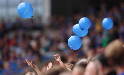 020825 - Cardiff City v Peterborough United, EFL Sky Bet League 1 -  Cardiff City fans release balloons printed with the hashtag TanOut, as a protest against owner Vincent Tan