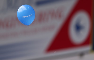 020825 - Cardiff City v Peterborough United, EFL Sky Bet League 1 -  Cardiff City fans release balloons printed with the hashtag TanOut, as a protest against owner Vincent Tan