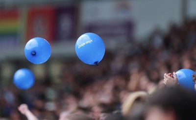 020825 - Cardiff City v Peterborough United, EFL Sky Bet League 1 -  Cardiff City fans release balloons printed with the hashtag TanOut, as a protest against owner Vincent Tan