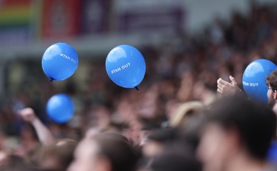 020825 - Cardiff City v Peterborough United, EFL Sky Bet League 1 -  Cardiff City fans release balloons printed with the hashtag TanOut, as a protest against owner Vincent Tan