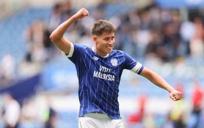020825 - Cardiff City v Peterborough United, EFL Sky Bet League 1 - Rubin Colwill of Cardiff City celebrates at the end of the match