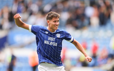 020825 - Cardiff City v Peterborough United, EFL Sky Bet League 1 - Rubin Colwill of Cardiff City celebrates at the end of the match