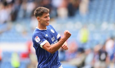 020825 - Cardiff City v Peterborough United, EFL Sky Bet League 1 - Rubin Colwill of Cardiff City celebrates at the end of the match