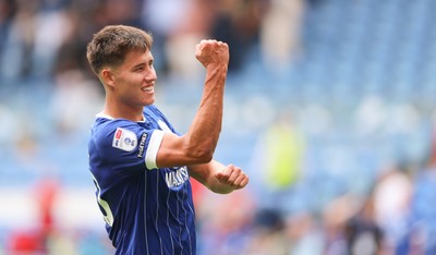 020825 - Cardiff City v Peterborough United, EFL Sky Bet League 1 - Rubin Colwill of Cardiff City celebrates at the end of the match