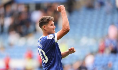 020825 - Cardiff City v Peterborough United, EFL Sky Bet League 1 - Rubin Colwill of Cardiff City celebrates at the end of the match