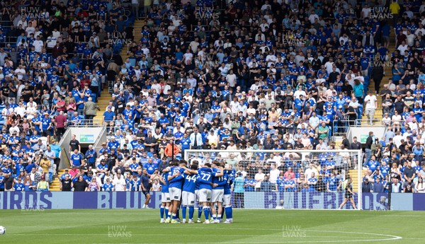 020825 - Cardiff City v Peterborough United, EFL Sky Bet League 1 - Cardiff City huddle up as they prepare to play their first match in EFL League One