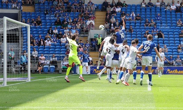 020825 - Cardiff City v Peterborough United, EFL Sky Bet League 1 - Rubin Colwill of Cardiff City heads at goal
