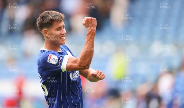 020825 - Cardiff City v Peterborough United, EFL Sky Bet League 1 - Rubin Colwill of Cardiff City celebrates at the end of the match