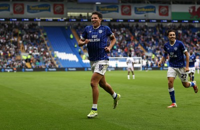 300825 - Cardiff City v Plymouth Argyle, SkyBet League One - Rubin Colwill of Cardiff City celebrates scoring a goal