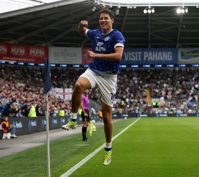 300825 - Cardiff City v Plymouth Argyle, SkyBet League One - Rubin Colwill of Cardiff City celebrates scoring a goal