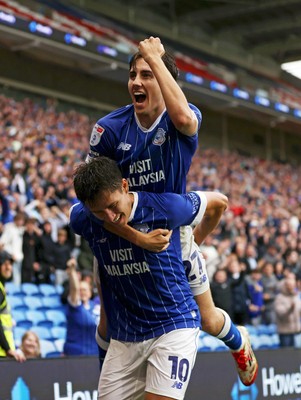 300825 - Cardiff City v Plymouth Argyle, SkyBet League One - Rubin Colwill of Cardiff City celebrates scoring a goal with team mates Joel Colwill