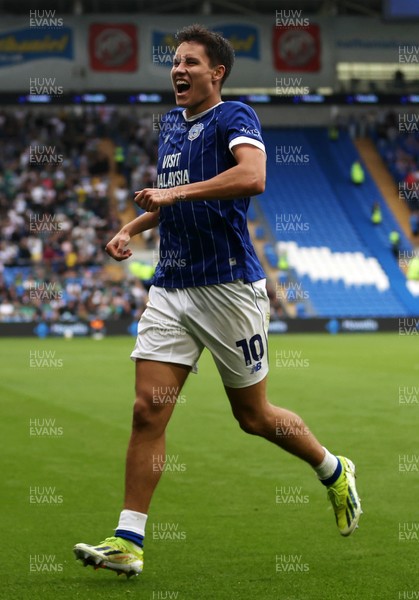 300825 - Cardiff City v Plymouth Argyle, SkyBet League One - Rubin Colwill of Cardiff City celebrates scoring a goal