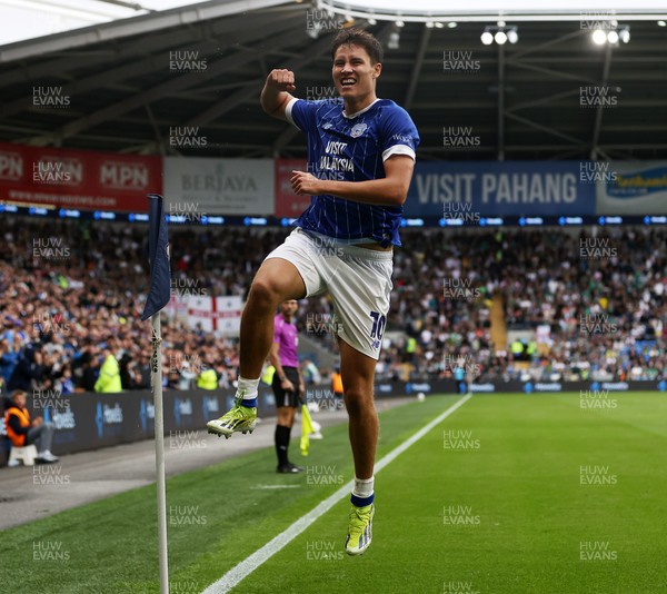 300825 - Cardiff City v Plymouth Argyle, SkyBet League One - Rubin Colwill of Cardiff City celebrates scoring a goal