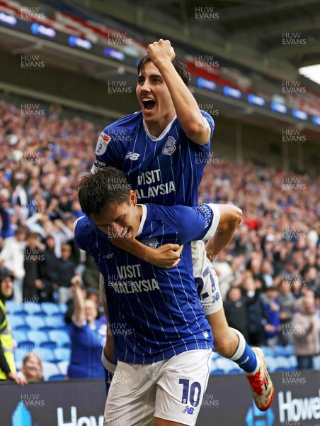 300825 - Cardiff City v Plymouth Argyle, SkyBet League One - Rubin Colwill of Cardiff City celebrates scoring a goal with team mates Joel Colwill