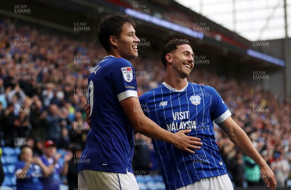 300825 - Cardiff City v Plymouth Argyle, SkyBet League One - Rubin Colwill of Cardiff City celebrates scoring a goal with team mates Ryan Wintle of Cardiff City 