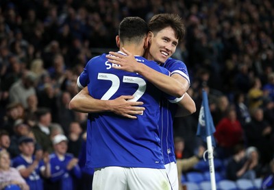 220426 - Cardiff City v Port Vale FC - SkyBet League One - Rubin Colwill of Cardiff City celebrates scoring a goal with Yousef Salech 