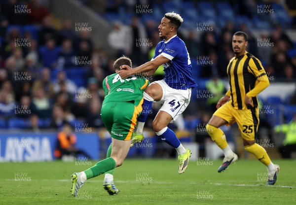 220426 - Cardiff City v Port Vale FC - SkyBet League One - Callum Robinson of Cardiff City collides with Joe Gauci of Port Vale 