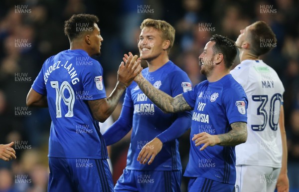 080817 - Cardiff City v Portsmouth, Carabao Cup, Round 1 - Nathaniel Mendez-Laing of Cardiff City celebrates with Danny Ward and Lee Tomlin  after scoring goal
