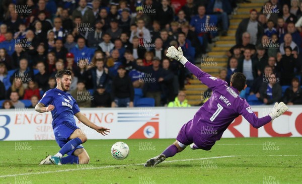 080817 - Cardiff City v Portsmouth, Carabao Cup, Round 1 - Matthew Kennedy of Cardiff City is denied a goal by Portsmouth goalkeeper Luke McGee