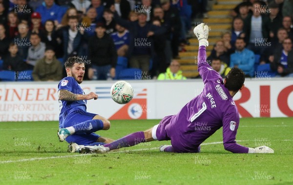080817 - Cardiff City v Portsmouth, Carabao Cup, Round 1 - Matthew Kennedy of Cardiff City is denied a goal by Portsmouth goalkeeper Luke McGee