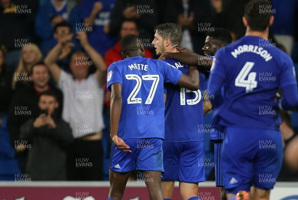 080817 - Cardiff City v Portsmouth, Carabao Cup, Round 1 - Greg Halford of Cardiff City celebrates with team mates after scoring Cardiff's second goal