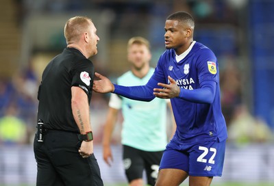 090822 - Cardiff City v Portsmouth, EFL Carabao Cup - Vontae Campbell of Cardiff City appeals to referee Lee Swabey after being shown a red card