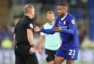 090822 - Cardiff City v Portsmouth, EFL Carabao Cup - Vontae Campbell of Cardiff City appeals to referee Lee Swabey after being shown a red card