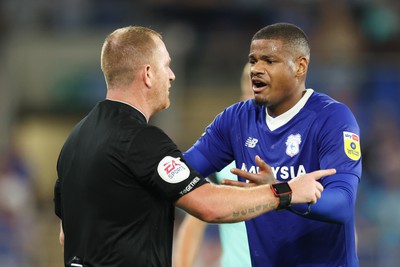 090822 - Cardiff City v Portsmouth, EFL Carabao Cup - Vontae Campbell of Cardiff City appeals to referee Lee Swabey after being shown a red card