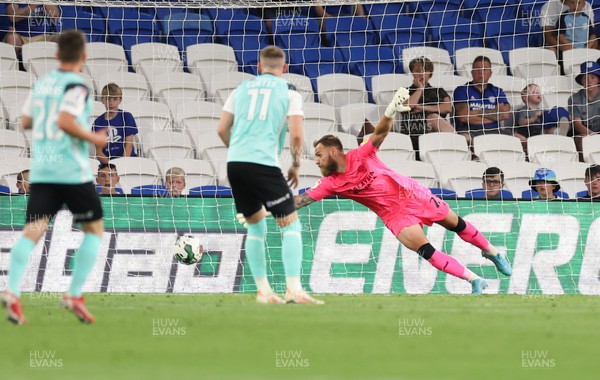 090822 - Cardiff City v Portsmouth, EFL Carabao Cup - Cardiff City goalkeeper Jak Alnwick is beaten as Joe Pigott of Portsmouth scores the first goal of the match