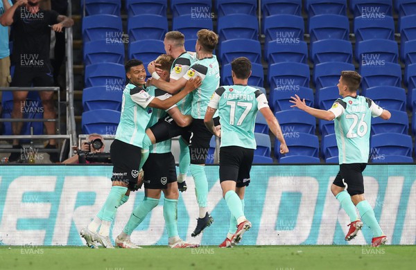 090822 - Cardiff City v Portsmouth, EFL Carabao Cup - Joe Pigott of Portsmouth celebrates with team mates after he scores the first goal of the match