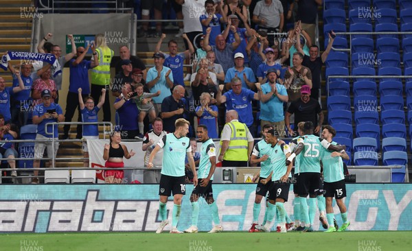 090822 - Cardiff City v Portsmouth, EFL Carabao Cup - Joe Pigott of Portsmouth celebrates with team mates after he scores the first goal of the match