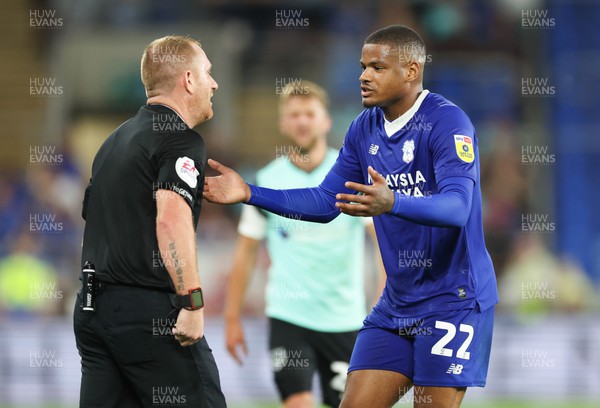 090822 - Cardiff City v Portsmouth, EFL Carabao Cup - Vontae Campbell of Cardiff City appeals to referee Lee Swabey after being shown a red card