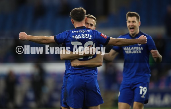 090122 - Cardiff City v Preston North End, FA Cup - Mark Harris of Cardiff City  celebrates with team mates after scoring Cardiff's second goal in extra time