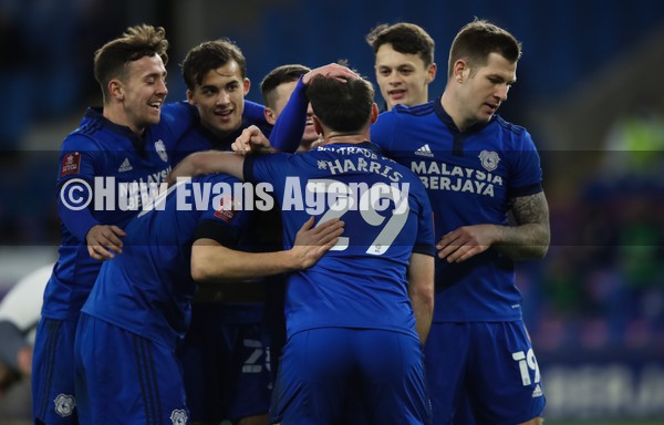 090122 - Cardiff City v Preston North End, FA Cup - Mark Harris of Cardiff City  celebrates with team mates after scoring Cardiff's second goal in extra time