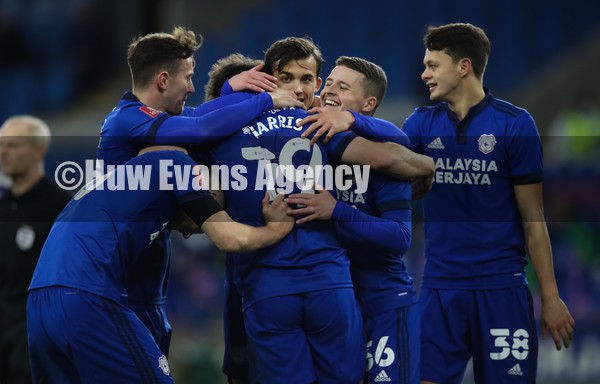 090122 - Cardiff City v Preston North End, FA Cup - Mark Harris of Cardiff City  celebrates with team mates after scoring Cardiff's second goal in extra time