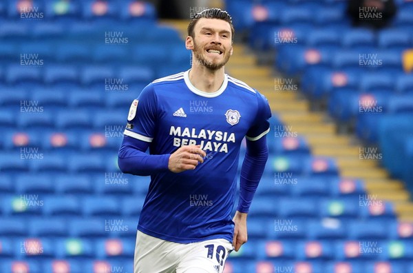 200221 - Cardiff City v Preston North End - SkyBet Championship - Kieffer Moore of Cardiff City celebrates scoring a goal from the penalty spot