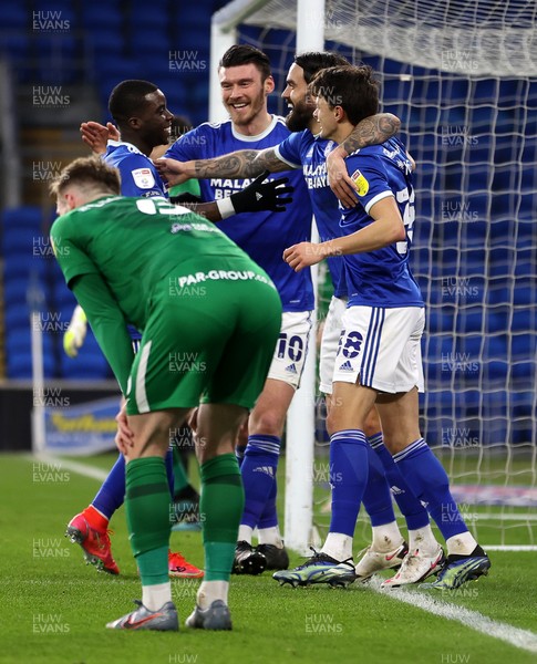 200221 - Cardiff City v Preston North End - SkyBet Championship - Marlon Pack of Cardiff City celebrates with team mates after scoring their third goal