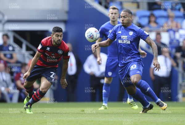 260817 - Cardiff City v Queens Park Rangers, Sky Bet Championship - Massimo Luongo of Queens Park Rangers and Kenneth Zohore of Cardiff City compete for the ball