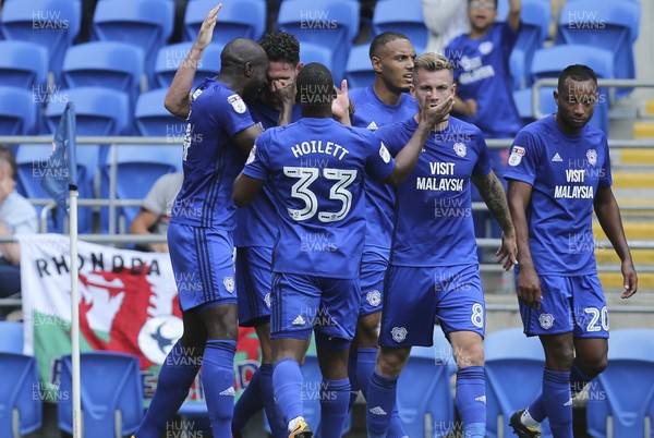 260817 - Cardiff City v Queens Park Rangers, Sky Bet Championship - Sol Bamba of Cardiff City celebrates with team mates after scoring goal