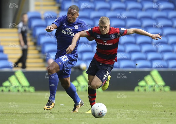260817 - Cardiff City v Queens Park Rangers, Sky Bet Championship - Kenneth Zohore of Cardiff City and Jake Bidwell of Queens Park Rangers compete for the ball