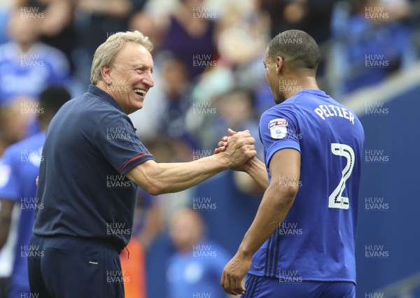 260817 - Cardiff City v Queens Park Rangers, Sky Bet Championship - Cardiff City manager Neil Warnock celebrates at the end of the match with Lee Peltier of Cardiff City