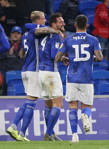 021019 - Cardiff City v Queens Park Rangers - SkyBet Championship - Sean Morrison of Cardiff City celebrates scoring a goal with team mates